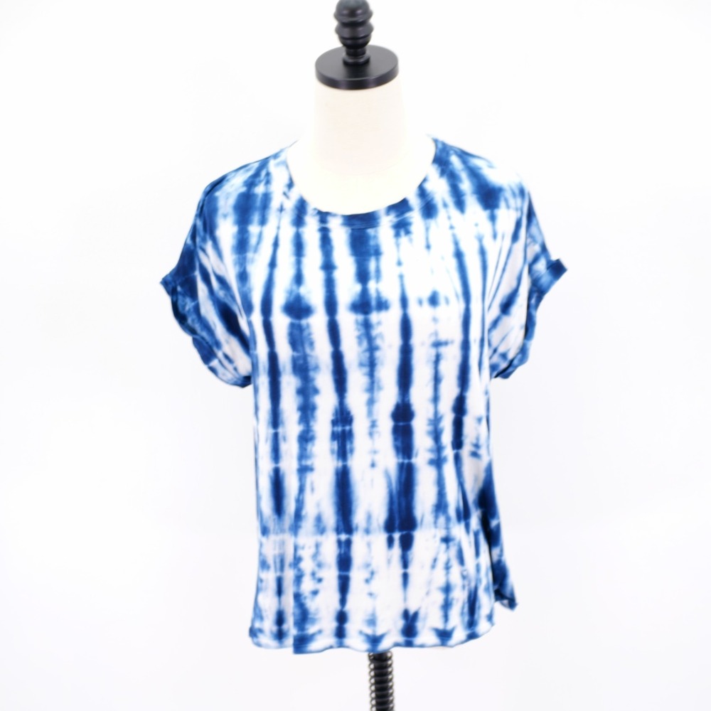 Lou Grey Small White Blue Tie Dye T-Shirt Top Round Neck Rolled Tab Short Sleeve